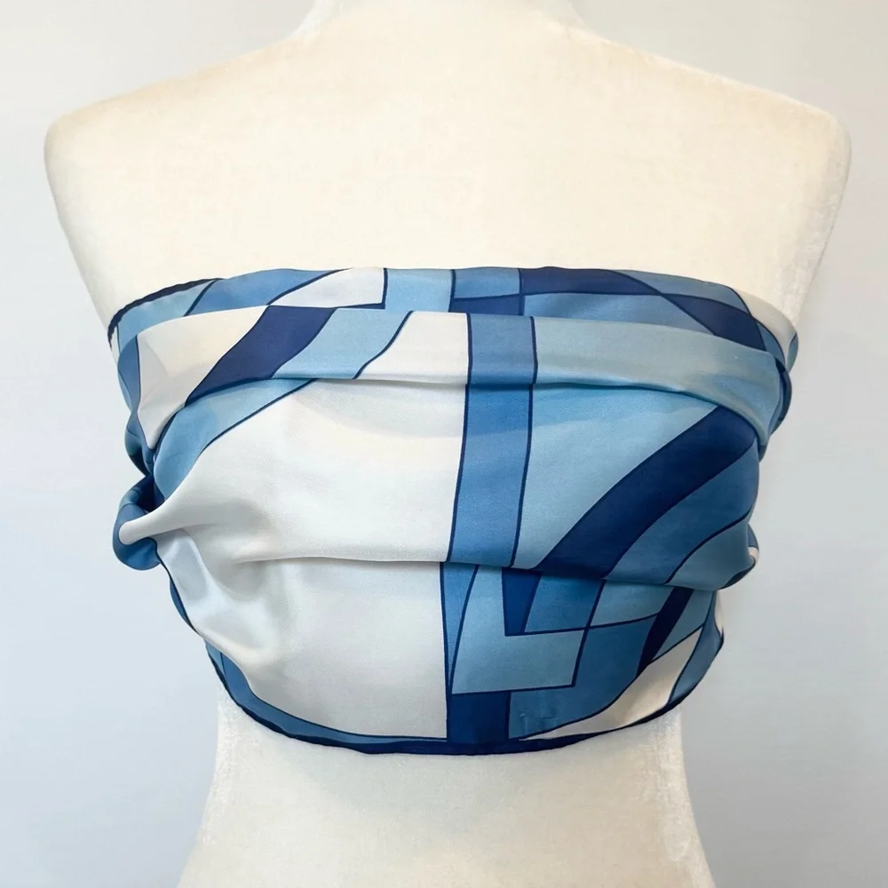 Christian Dior Vintage Silky Satin Blue Geometric Print Oblong Rectangle 44 x 14